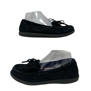 Crocs Sz 8 Women's Moccasin Loafers  Black Brushed Suede Leather Tassel‎ Slip On